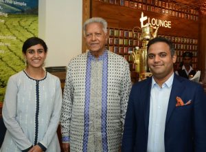 Franchise Owner Dilmah t Lounge Ashumi Jain with Dilmah Founder Mr Merrill J Fernando and Ashish Kumar Jain