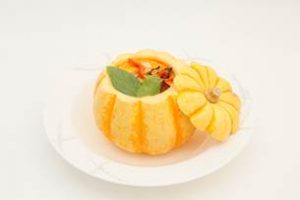 Small roasted pumpkin - Thai red vegetable curry in light coconut milk and Thai sweet basil
