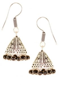 9680 Antique silver toned conical shaped jhumkas with intricate motif design - also has black bead details Rs 398