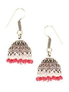 9685 Antique silver toned jhumkas with intricate motif design - also has red bead details Rs 398