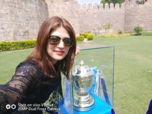 Actress Shradha Das poses with the VIVOIPL 2017 Trophy in Hyderabad