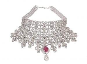 Beautiful diamond choker with single red stone by SLG Jewellers